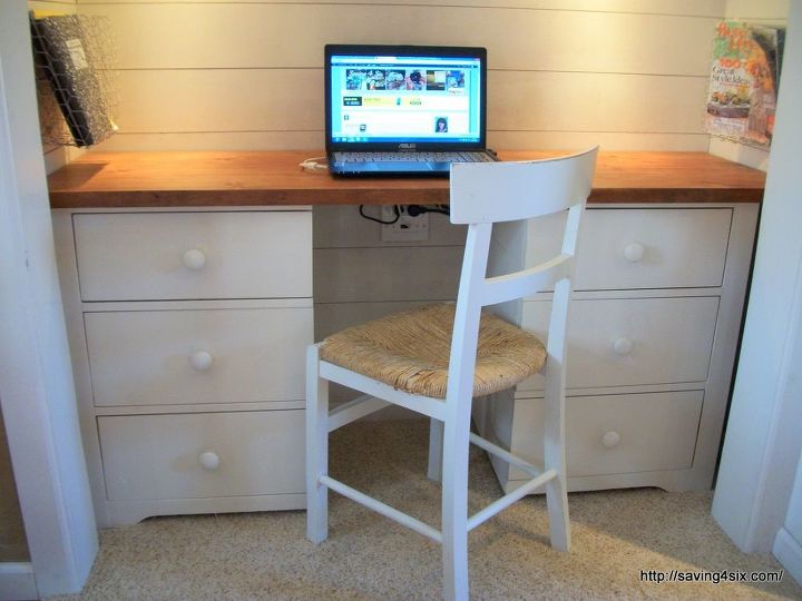 closet turned office reveal, closet, craft rooms, diy, home office, painted furniture, woodworking projects, A repurposed dresser became the desk for this space