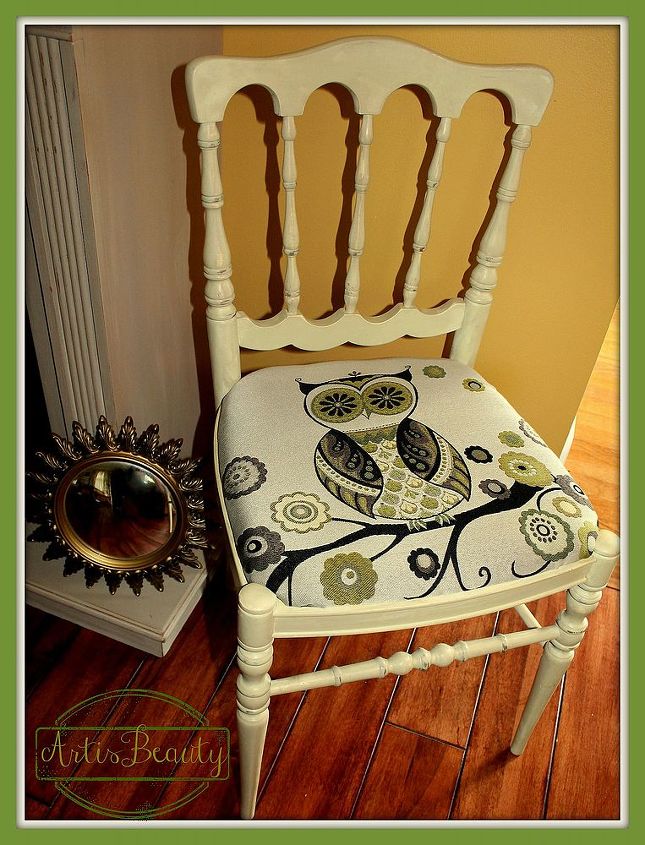 a little fabric a little paint what a hoot of a chair, painted furniture, the finished chair what a hoot