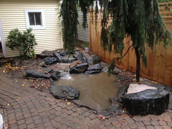 chicago fish pond, outdoor living, patio, ponds water features, Creative use of rock allows the pond to blend with the existing patio In a few days the water will clear