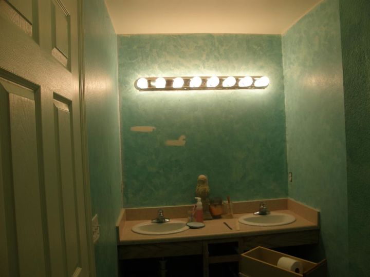 no more stalling time to update this bathroom want, bathroom ideas, painting, woodworking projects, 6ft area where the double sinks are currently And old hollywood style lighting