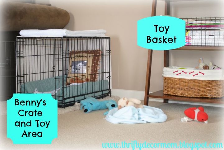 how to decorate pet areas amp save money, home decor, pets animals, Benny s bed crate and toy basket He can get into the basket and reach the toys he wants I need to teach him how to put them away