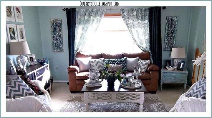 design on a dime living room stage 3, home decor, living room ideas, painted furniture, The greens in the curtains match my accent wall of a dark teal green and make the entire room flow nicely