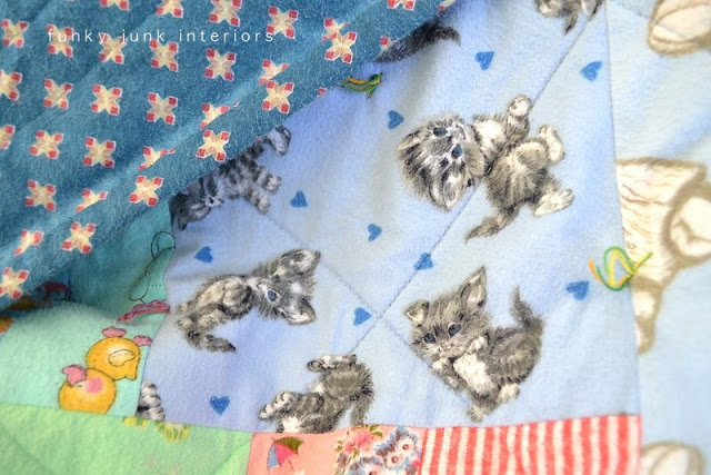 a cozy blanket with a secret, crafts, The blanket was pieced together from my mom s own vintage collection of flannel from when we were kids Most pieces were brand new Don t you adore the kittens
