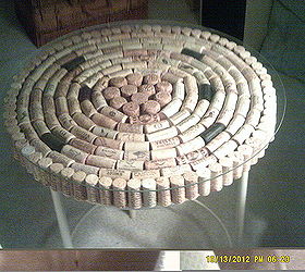 cork table top, painted furniture, repurposing upcycling, Corks are glued onto a round wood circle