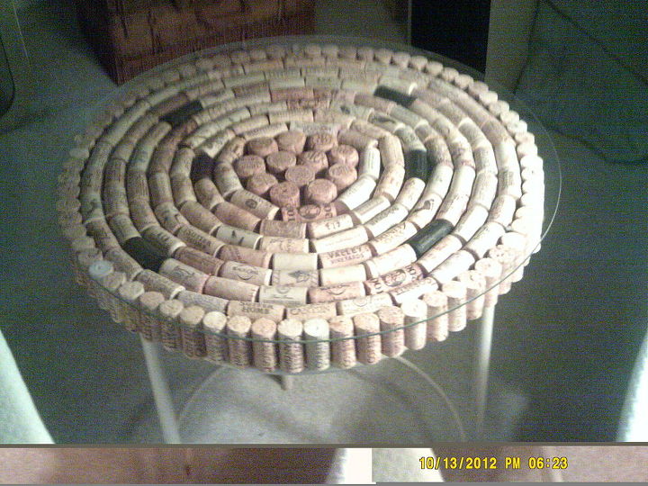cork table top, painted furniture, repurposing upcycling, Corks are glued onto a round wood circle