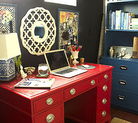 my home office, craft rooms, home decor, home office, repurposing upcycling, storage ideas, The desk was found at auction and painted a fun red