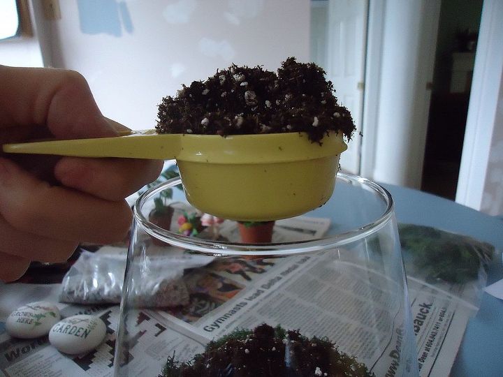 making a terrarium a snow day project, container gardening, crafts, gardening, succulents, terrarium, Use mini tools when creating tiny gardens