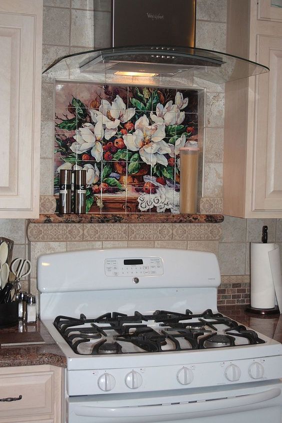 i used granite, countertops, home decor, kitchen design, Small shelf for oils and a pretty mural Fussest part of the build as it required the wall to be extended out a bit