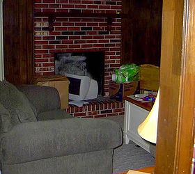 family room makeover a new tv a level, fireplaces mantels, home decor, living room ideas, painting, Before multi brick fireplace in need of work dark paneled walls old mantel carpet etc