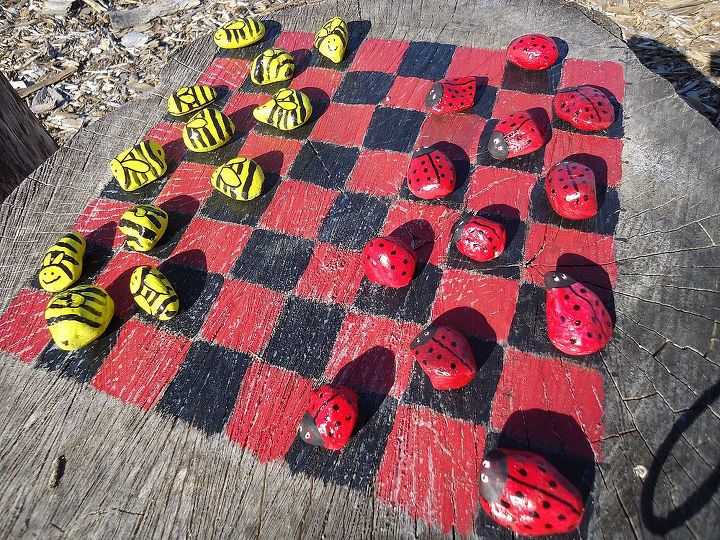 anyone for a game of checkers, outdoor living, We tried shells sticks for game pieces but sticks blew away This girl had to come up with a new idea