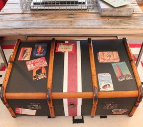 new look for an old steamer trunk, crafts, decoupage, painted furniture, My finished trunk with awesome stripes and hotel stickers