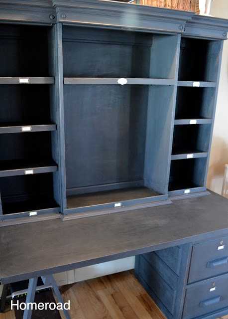 creating bin shelving from an old china cabinet, kitchen cabinets, painted furniture, All painted and ready for action Desk space server space and hutch space all in one