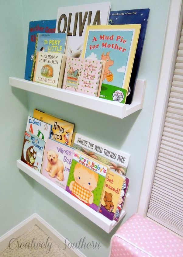 bookshelves for children s reading nook, storage ideas, Here is the finished product I used drywall anchors and screws to attach it to the wall