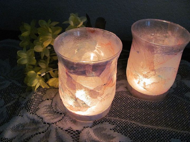 votives, crafts, Tissue paper dyed pink and blue then mod podged onto the glass votive
