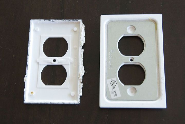 reduce your electric bill and warm your home for less than 2, electrical, go green, If you want the most insulation consider buying new plates The plate on the left is the builder plate The plate on the right are the new ones I m using They are wider and have a metal layer that offers extra insulation