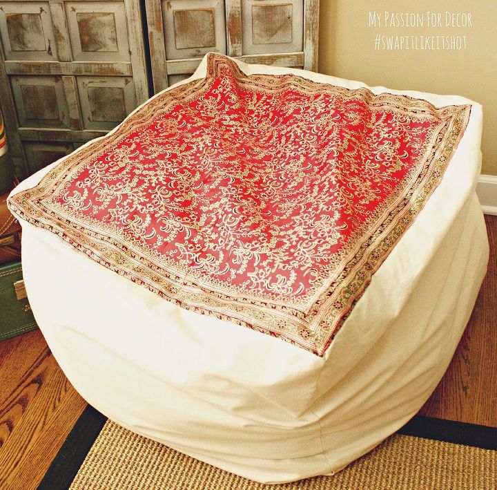 west elm inspired pouf using a vintage silk scarf, home decor, painted furniture, repurposing upcycling, reupholster