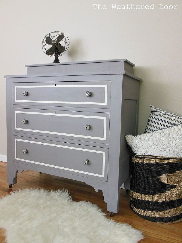 a plum grey dresser with modern lines, painted furniture, After