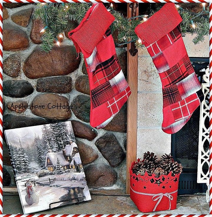 rustic christmas mantle from an old window, christmas decorations, repurposing upcycling, seasonal holiday decor, wreaths, I made the flannel burlap stockings cheap and easy about 3 a piece to make