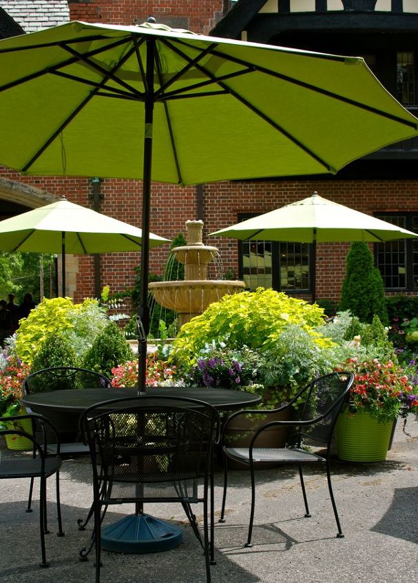 stan hywet s great garden part 2 the cutting garden, flowers, gardening, landscape, Patio tables and fountain at Stan Hywet s Cafe