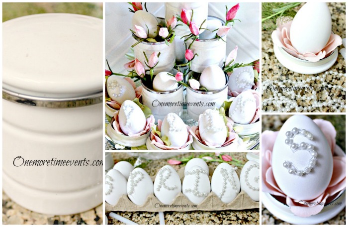 vintage tin spring egg centerpiece, crafts, seasonal holiday decor, Vintage White Tin Plastic eggs and mini pearls