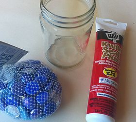 diy garden art, crafts, gardening, I grabbed an empty jar some flat sided marbles and some good glue