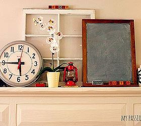a tour of my favorite place in our home the living room, home decor, living room ideas, Updated Living Room mantel with slate chalkboard toy blocks vintage school clock old window and a few other goodies