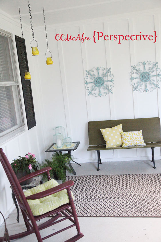 front porch makeover hang your candles w chain, outdoor furniture, outdoor living, porches, Got that rug for 10 pillows work wonders painted the iron