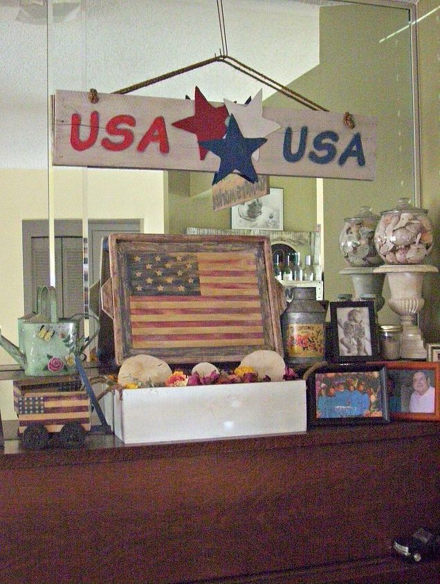 scrap wood usa sign, crafts, patriotic decor ideas, seasonal holiday decor, Inside on my piano mantel