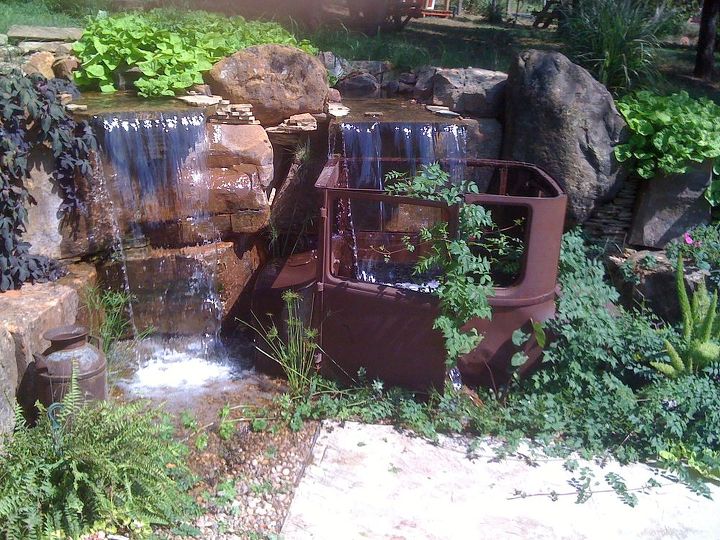 antique car pondless waterfall, landscape, outdoor living, ponds water features, repurposing upcycling, Multiple waterfalls with a unique twist