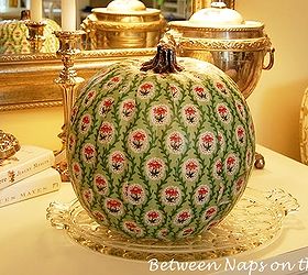 decoupage a pumpkin to coordinate with your decor or favorite fabric, crafts, decoupage, Decoupaged this one to work with a fabric in my bedroom Tutorial can be found here