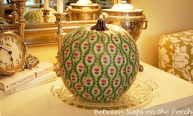 decoupage a pumpkin to coordinate with your decor or favorite fabric, crafts, decoupage, Decoupaged this one to work with a fabric in my bedroom Tutorial can be found here