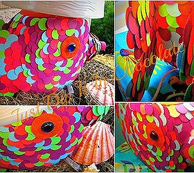 diy tide pods rainbow fish lamp, crafts, lighting, After you cover the fish with scales it s time to add a few more details like the fins which is just heart shaped cardboard boxes cut outs attached to the container and beads for the eyes