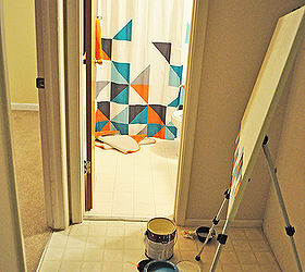 my diy geometric wall art, home decor, painting, The downstairs shower curtain was our inspiration piece for the nursery so I set up my canvas down there