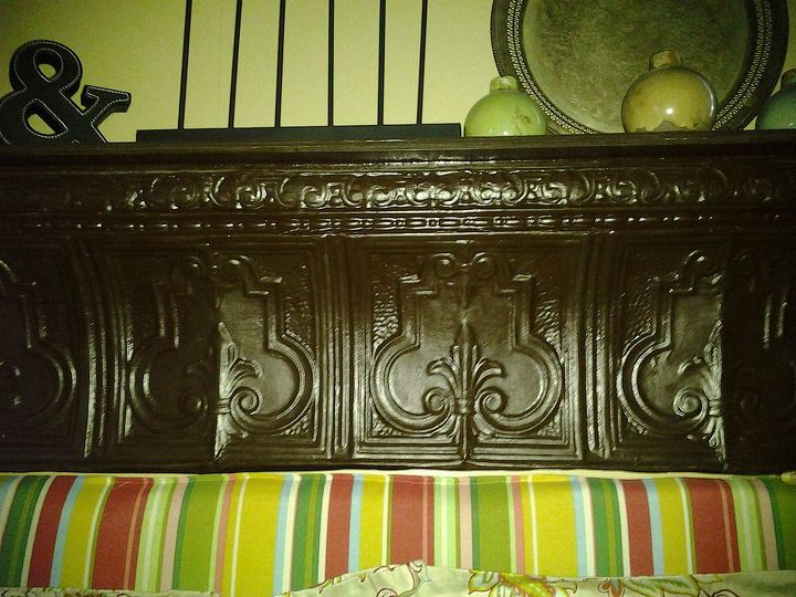 impromptu headboard from a ceiling tin shelf and a bench cushion, bedroom ideas, diy, home decor, painted furniture, repurposing upcycling