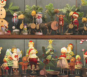 christmas decor using a cast of characters part one, christmas decorations, seasonal holiday decor, Most of the cast of characters that are visiting me for the Christmas season are pictured here As you can see both the array of figurines and re prurposed tree part artifacts are hanging out together