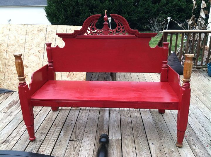 an outdoor bench made from an old queen bed frame, diy, outdoor furniture, outdoor living, painted furniture, repurposing upcycling, Almost