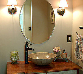 bathroom renovation, bathroom ideas, home decor, a new wood countertop was constructed with a marble vessel sink