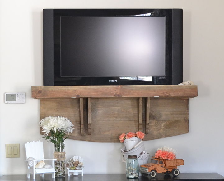 how s your tv hanging we added a shelf now ours looks better, diy, shelving ideas, woodworking projects, Summer display