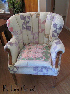 patchwork quilt chair, painted furniture, reupholster, Give new life to a wing chair with well loved quilts