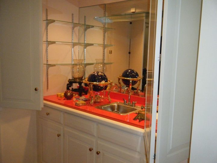 we updated our 1980 s wet bar, countertops, This is how it looked when we bought our house Don t you love the orange formica