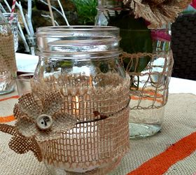 details for a perfect summer dinner party, chalkboard paint, crafts, mason jars, outdoor living, Wrap mason jars in burlap ribbon and add flowers Available at Joan