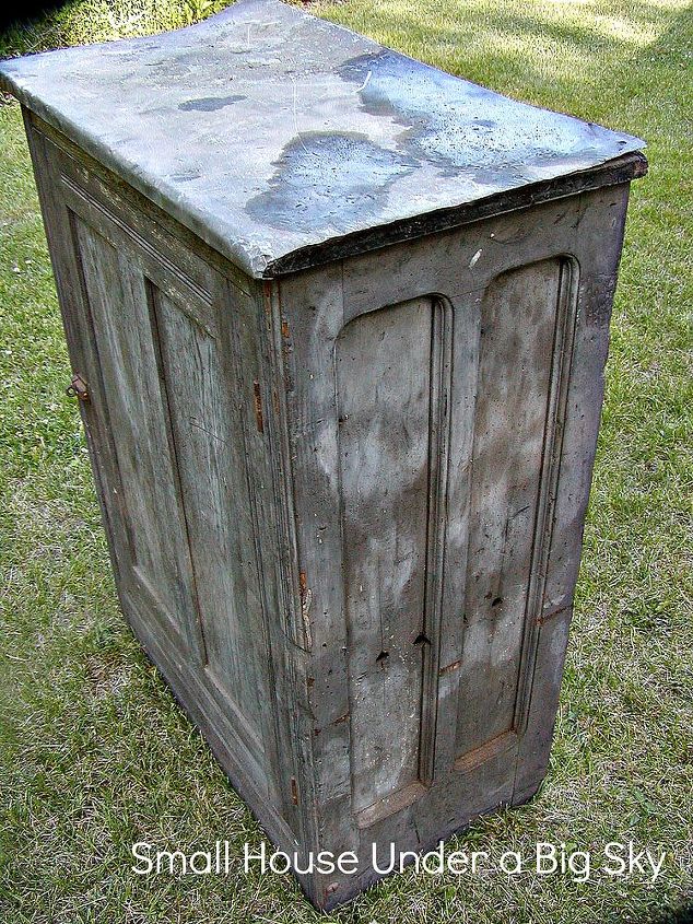 19th century jelly cupboard transformation, chalk paint, painted furniture, repurposing upcycling, The oil stained cupboard with rough cut metal on top on the day I bought it the Before