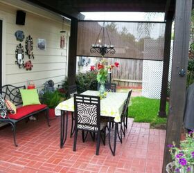 back yard patio makeover, outdoor living, Dining area under our cypress pergola