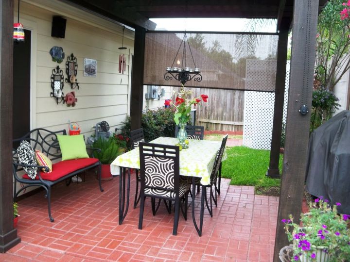 back yard patio makeover, outdoor living, Dining area under our cypress pergola