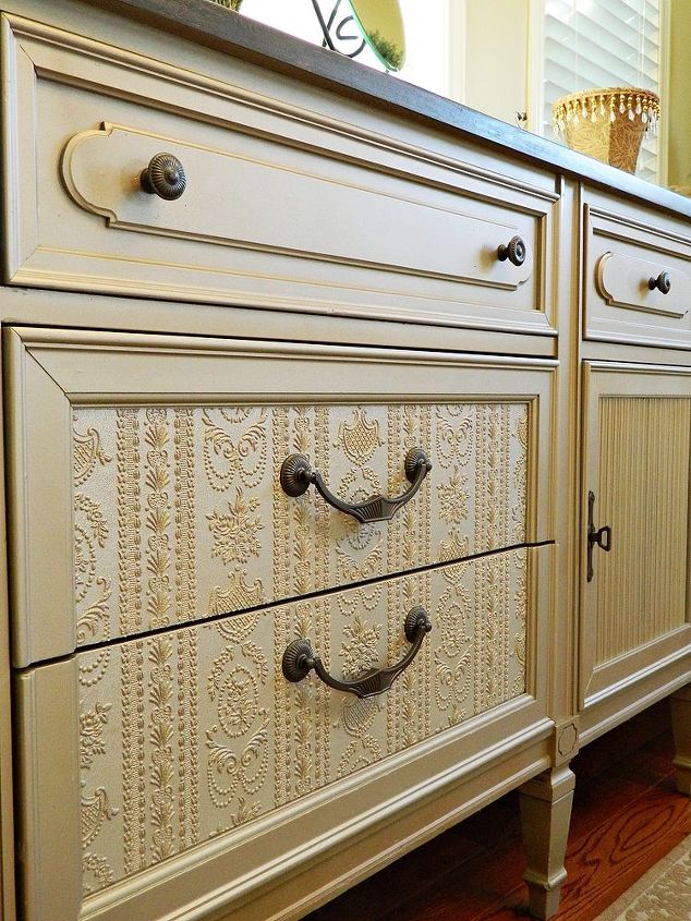 elegant vintage dresser, home decor, painted furniture, Paintable wallpaper on the 4 front drawers