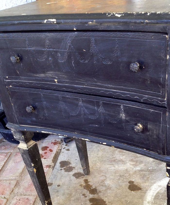 does anyone know what this is black carved end table lots of carving, painted furniture, Another little score from my flea market I have no idea where to begin or how HELP thank you