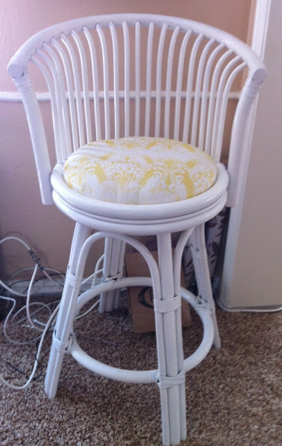 vintage chair re upholster and update, painted furniture, This chair was dirty and dingy But after a good clean a couple coats of paint and a new seat fabric it transformed It may be a little more drastic in person MATERIALS I USED 1 SPRAY PAINT WHITE SEMI GLOSS 2 STAPLE GUN