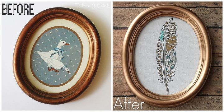thrift store art makeover geometric stitched feather, crafts, A circa 1990s goose picture becomes modern chic art