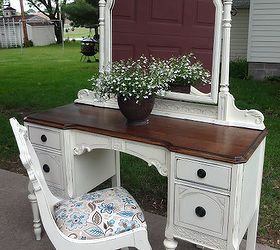 antique vanity refinished in french vanilla, painted furniture, Voila I also found this sweet little chair to go with