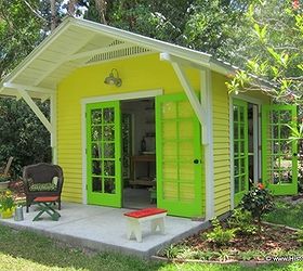 sunny artist studio shed, home improvement, outdoor living, The shed has 3 sets of French doors and a 4 roof overhang supported by large brackets